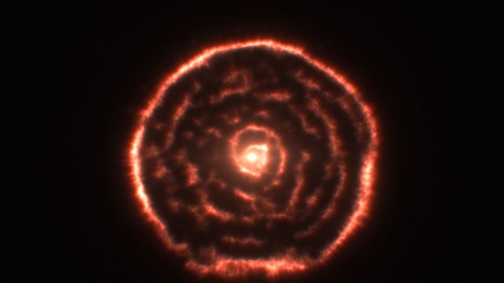 Ein heller Stern im Zentrum ist von spiralförmig angeordnetem Gas  umgeben.