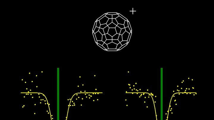 Oben ballförmiges Molekül, unten Grafik Diagramm zweier Absorptionslinien.