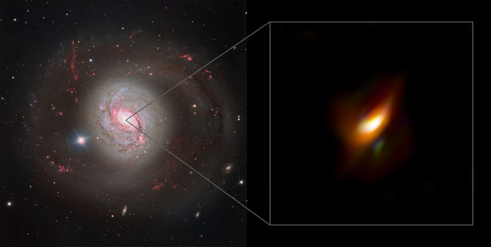 Innere Region der Galaxie Messier 77 Zwei Aufnahmen: links heller Wirbel im Weltall; rechts hellgelber Fleck im Weltall