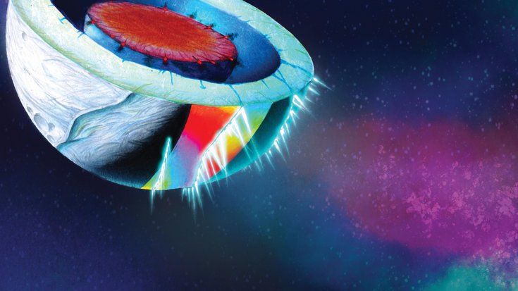 llustration des Saturnmondes Enceladus und seiner Eisfontänen | Bildquelle: James Tuttle Keane Eine, nach oben geöffnete, Halbkugel vor blau-violettem Hintergrund: Das Zentrum der Halbkugel ist rot, darum herum befindet sich eine dunkelblaue Schicht. Die äußerste Schicht ist hellblau und hat Risse aus denen Licht fällt.
