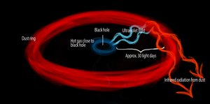 Im Zentrum das Schwarze Loch, umgeben von heißem Gas, weiter außen ein Ring aus Staub. Ultraviolette Strahlung geht vom heißen Gas zum Staubring, dieser sendet infrarote Strahlung aus.