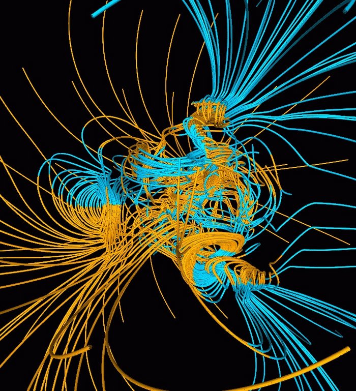 Künstlerische Darstellung der Feldlinien als lange Schnüre, die in der Mitte zu Schleifen und Knoten zusammenlaufen. Teile der Feldlinien sind blau, andere gelb gefärbt.
