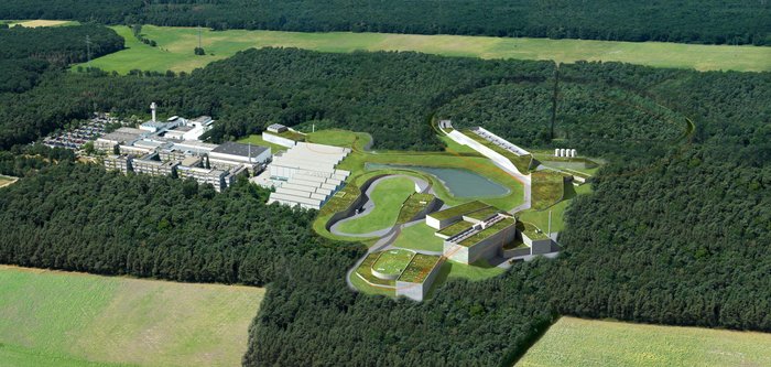 Illustration der geplanten Beschleunigeranlage FAIR Ansicht der bestehenden Gebäude des GSI Helmholtzzentrums für Schwerionenforschung und der im danebenliegenden Gebiet geplanten Beschleunigeranlage, Bildquelle: ion42/FAIR/GSI; Lizenz: gemäß den Bedingungen der Quelle