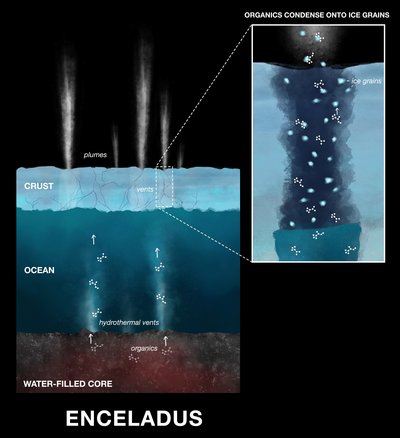 Querschnitt durch Oberflächenschichten von Enceladus. Unten ist der steinige Kern, darüber der Ozean und darüber die Eiskruste. Aus der Eiskruste steigen Fontänen auf. Rechts daneben ist ein Riss durch die Eiskruste vergrößert dargestellt. Unten im Riss ist Wasser, darüber einzelne kleine Eispartikel. Im Wasser und zwischen den Eispartikel sind Moleküle. Am oberen Ende des Risses befinden sich die Moleküle an Eispartikeln. Dort beginnt eine aufsteigende Fontäne.