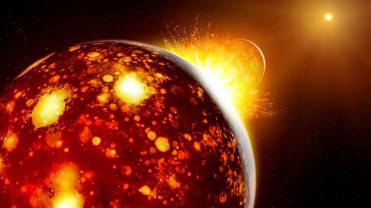 Im Vordergrund ein Planet, auf dem Feuerquellen brodeln, im Hintergrund schlägt ein anderer Himmelskörper ein, der eine große Feuerfontäne verursacht.