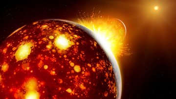 Im Vordergrund ein Planet, auf dem Feuerquellen brodeln, im Hintergrund schlägt ein anderer Himmelskörper ein, der eine große Feuerfontäne verursacht.