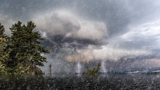 Überflutete Region mit Bäumen in Regen und Gewitter