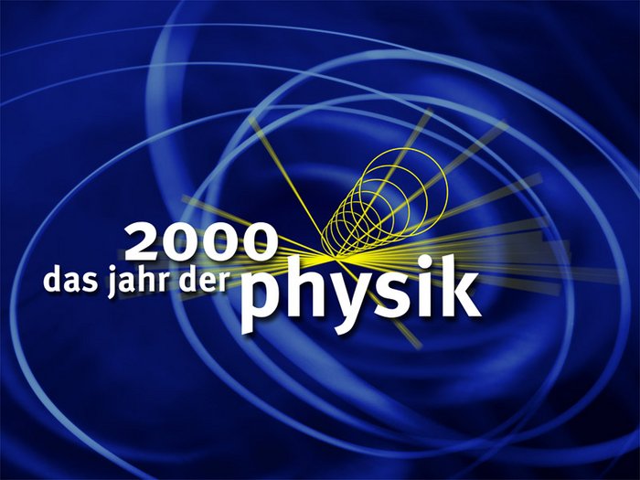 Logo des Jahrs der Physik mit angedeuteten Straheln auf dunkelblauem Hintergrund