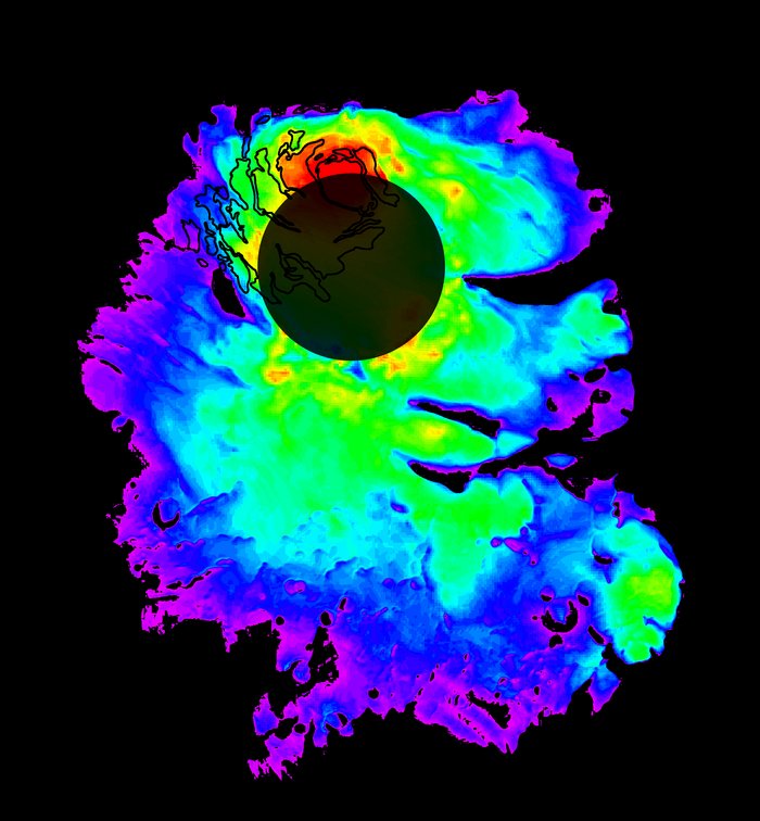 Eis am Mars-Südpol Unregelmäßig geformte farbige Fläche auf schwarzem Hintergrund. Die Farben ändern sich von innen nach außen, in der oberen Region ist eine kreisförmige schwarze Fläche überlagert.