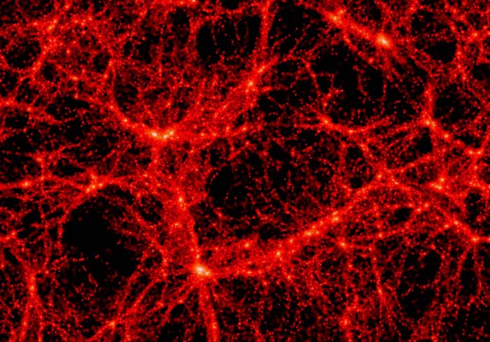 Kosmisches Netz Ein Netz aus dunklen Streifen mit hellen Zentren.