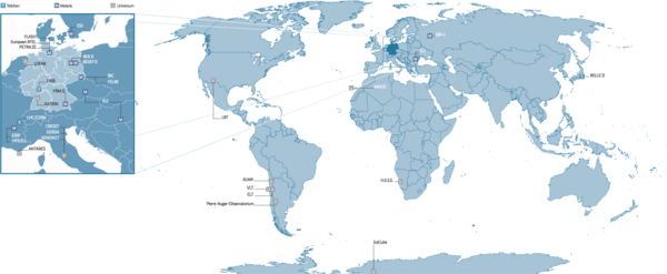 Auf dieser Weltkarte sind alle Großgeräte verzeichnet, an denen sich das BMBF derzeit finanziell beteiligt.