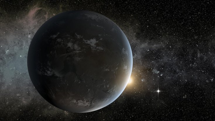 Die Grafik zeigt einen fernen Planeten und seine Sonne im Weltall.