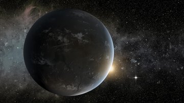 Die Grafik zeigt einen fernen Planeten und seine Sonne im Weltall.