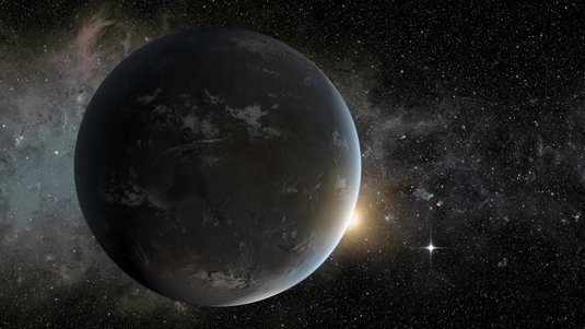 Die Grafik zeigt einen fernen Planeten und seine Sonne im Weltall.