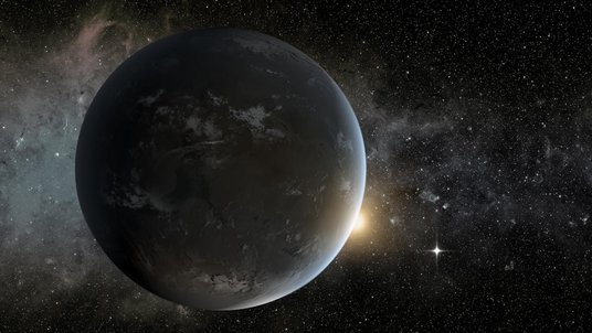 Die Grafik zeigt einen fernen Planeten und seine Sonne im Weltall.