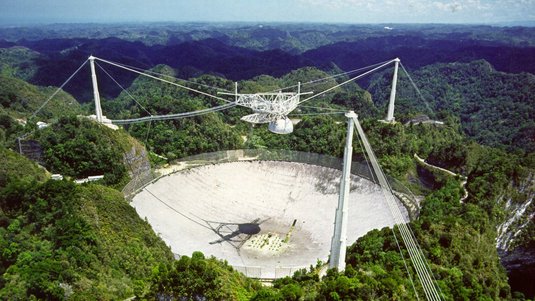 Das Bild zeigt eine Luftaufnahme des Arecibo-Observatoriums. Das Observatorium hängt in der Luft und ist durch Seile an drei Pfeilern befestigt.
