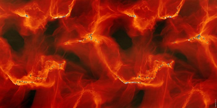 In einer turbulenten Gaswolke zeigt die Stärke des roten Farbtones sowie Filamente aus Gas die Struktur und die Dichte der Gaswolke. Innerhalb der Wolke sind Punkte, die Orte der Sternentstehung markieren.