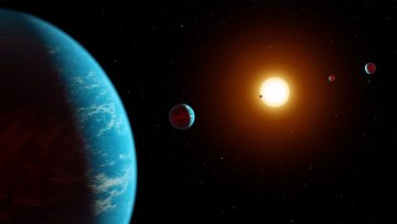 Auf der Illustration sind mehrere Exoplaneten zu sehen, die um ihre Sonne kreisen.