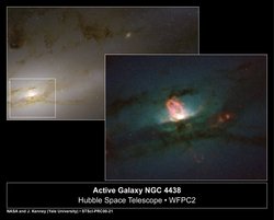Zwei Bilder: Links der innere Bereich einer Galaxie mit Sternen und dunklen Wolken; rechts Detail des Zentrum mit hellem Kern und roten Gasschleifen aus der Sternscheibe nach oben und unten herausragend.