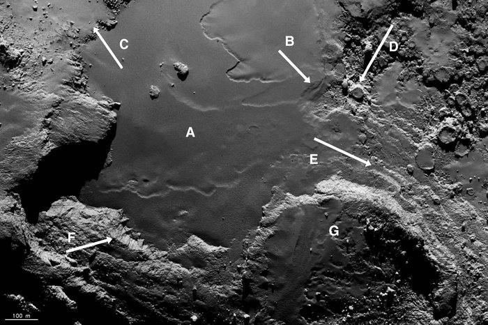 Oberflächenstrukturen auf Churyumov-Gerasimenko Oberflächenausschnitt mit glatten und rauen Regionen.