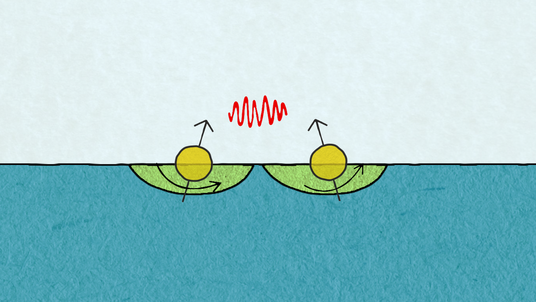 Zeichnung mit zwei nebeneinander liegenden Kugeln, durch die jeweils ein Pfeil stößt, der den Elektronenspin symbolisiert.