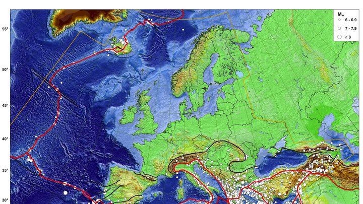 Karte mit Erdbebenereignissen in Europa
