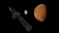 Künstlerische Darstellung wie sich im All die kegelförmige Landekapsel „Schiaparelli“ von ihrem satellitenartig aussehenden Träger, dem Trace Gas Orbiter, trennt und den Eintritt in die Marsatmosphäre beginnt.
