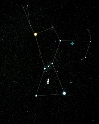 Das Bild zeigt den Sternenhimmel. Das Sternbild Orion und die Galaxie TXS 0506+056 sind mit Kreisen markiert. 