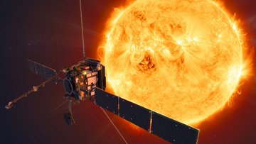 Künstlerische Darstellung eines Satelliten vor der Sonne