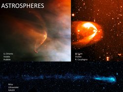 Aufnahme mit drei verschiedenen Teleskopen, auf jeder ist ein heller Stern zu sehen, der in einer Art Bugwelle einen Schleier leuchtendes Gas vor sich her schiebt. Zwei Bilder zeigen den Stern im sichtbaren Licht und eines im ultravioletten Lichtspektrum.