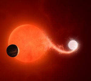 Planet im Vordergrund, im Hintergrund ein großer rötlicher Stern und ein kleinerer weißer; von dem roten geht eine Verbindung zum weißen aus