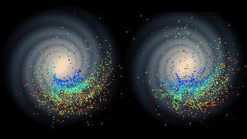 Punkte zeigen die Positionen der Cepheiden auf einer schematisch dargestellten Spiralgalaxie.