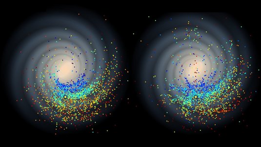 Punkte zeigen die Positionen der Cepheiden auf einer schematisch dargestellten Spiralgalaxie.