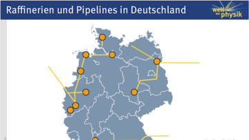 Ausschnitt einer Deutschlandkarte mit eingezeichneten Raffinerien und Pipelines