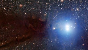 Eine dunkle Staubwolke blockiert dahinterliegendes Sternenlicht - daneben einige blau leuchtende Sterne