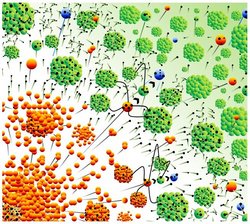 Grafik, die Argon-Nanocluster sind mit Clustern aus orangenen Kügelchen dargestellt, die kalten Nanocluster sind grün und nehmen die Elektronen in Form von schwarzen Kugeln auf. Dazwischen sind hochenergetische Argonionen als einzelne orangefarbene Kugel dargestellt, die neutralisierten Ionen sind blau
