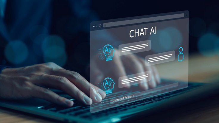 Eine Person tippt auf der Tastatur eines Laptops mit holografischer Benutzeroberfläche, die einen KI-Chat zeigt. Im oberen Bereich der holografischen Benutzeroberfläche steht „Chat AI“.