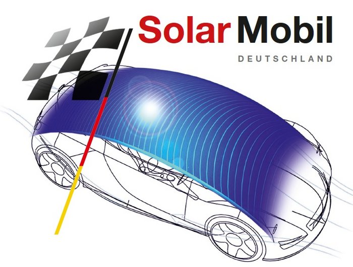 SolarMobil Schema eines Autos mit Solarzellen auf dem Dach und einer Ziel-Flagge