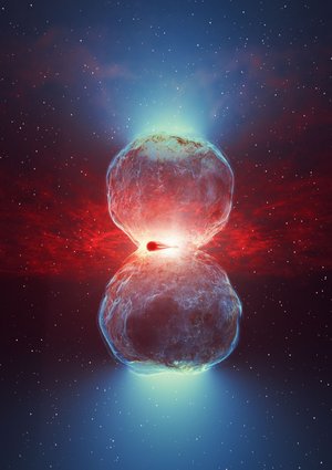 Künstlerische Darstellung: Zwei sich berührende Himmelskörper, die nach oben und unten hell abstrahlen; an ihrer Schnittstelle rotes Licht