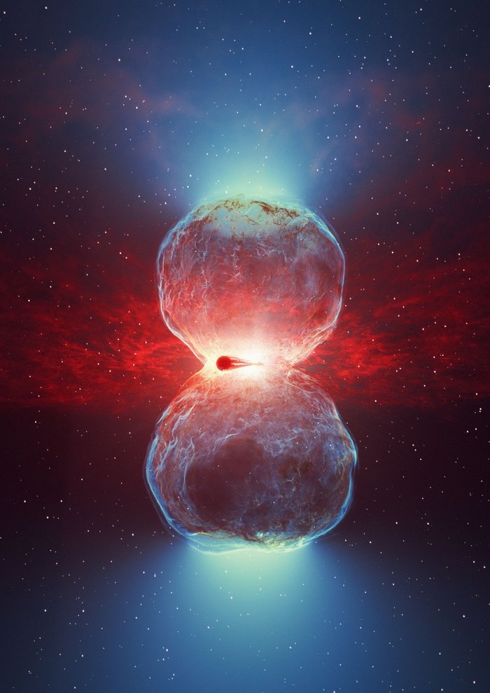Nova in einem Doppelsternsystem Künstlerische Darstellung: Zwei sich berührende Himmelskörper, die nach oben und unten hell abstrahlen; an ihrer Schnittstelle rotes Licht