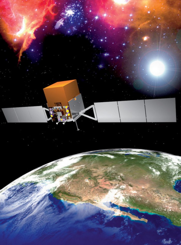 Das FGST-Observatorium Künstlerische Darstellung des Fermi Gamma-ray Space Telescope in seinem Orbit um die Erde.