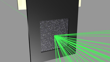 Auf einem quadratischer Chip sind kleine Kristalle in geichen Abständen angebracht. Der Chip wird mit Laserlicht bestrahlt, welches an den Kristallen in verschiedene Raumrichtungen gestreut wird.