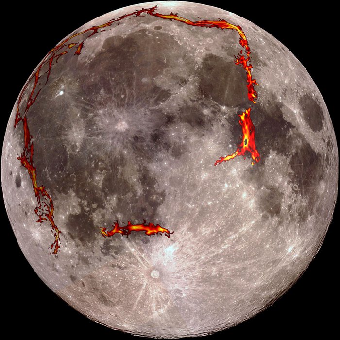 Vollmond mit den von GRAIL aufgespürten Gesteinsgängen Vollmond mit farbig überlagerten, lang gestreckten Strukturen.