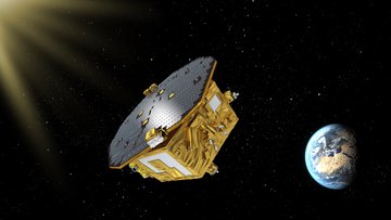 Künstlerische Darstellung des LISA Pathfinder Forschungssatelliten im Weltall mit der Erde im Hintergrund