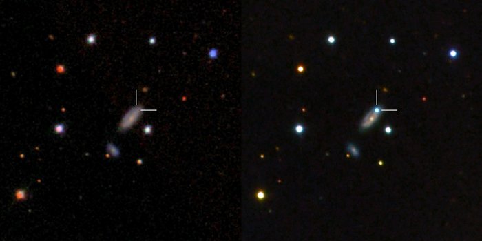 Galaxie zwischen anderen Galaxien im Kosmos. Auf dem rechten Bild ist ein hell strahlender, bläulicher Punkt in einem der Seitenarme zu sehen, der auf dem linken Bild fehlt.