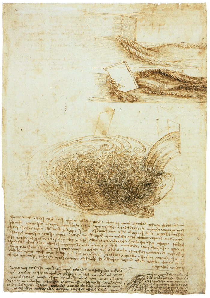 Turbulenz nach da Vinci Foto von einer alten Zeichnung. Aus einer rechteckigen Öffnung, die in eine Wand auf der rechten Seite eingelassen ist, strömt Wasser in ein Becken. Dort verwirbelt das Wasser.