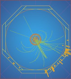 Computergrafik von mehreren Teilchenspuren, die vom Mittelpunkt des Bildes nach außen verlaufen.