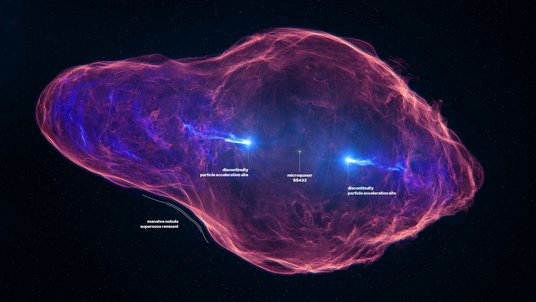 Blasenähnliche Struktur im All, in deren Innerem zwei Lichtblitze hin ausgerichtet sind.