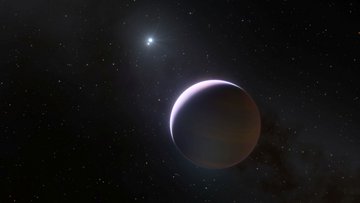 Im Vordergrund ein Planet, im Hintergrund ein Doppelstern.
