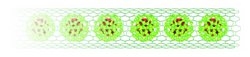 Grafik Das Nanoröhrchen ist als netzförmiges Geflecht aus Sechsecken gezeigt, darin sechs ebenfalls gitterförmige Kugeln. Nach links hellt sich die Grafik auf.